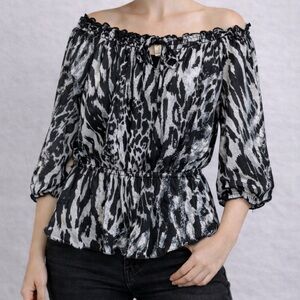 Kim Rogers Black & White Abstract Print Peasant Blouse Size XL